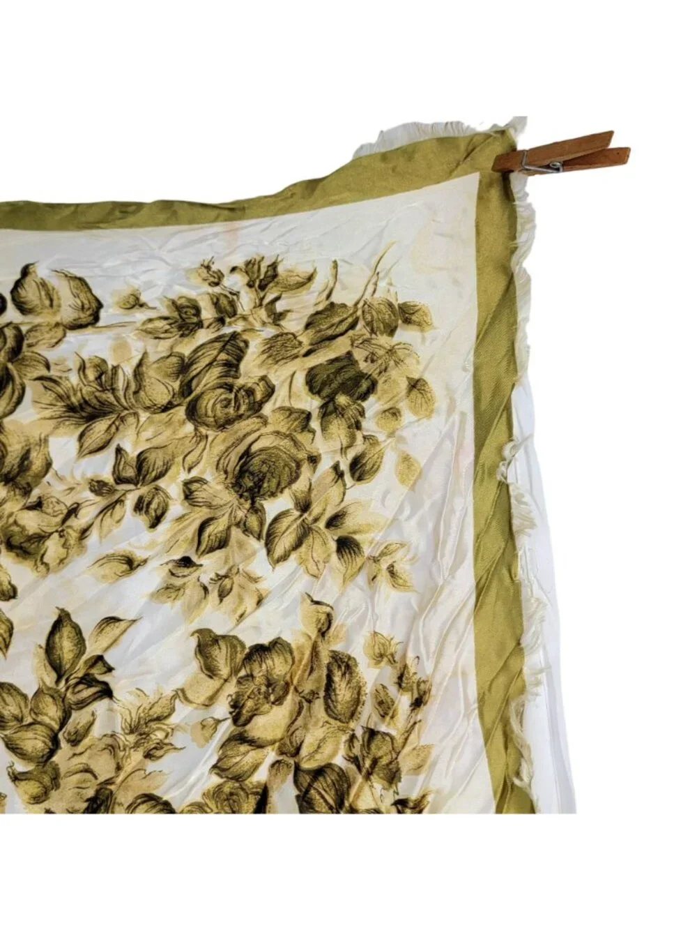 Vintage 70s Floral Scarf Women Accessories Acetate Fringe Green Beige Fall Leave